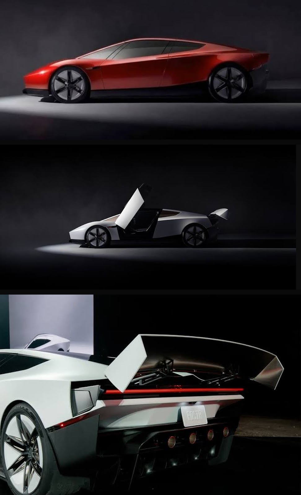 Roadster concept details showing side profiles, open door and rear wing